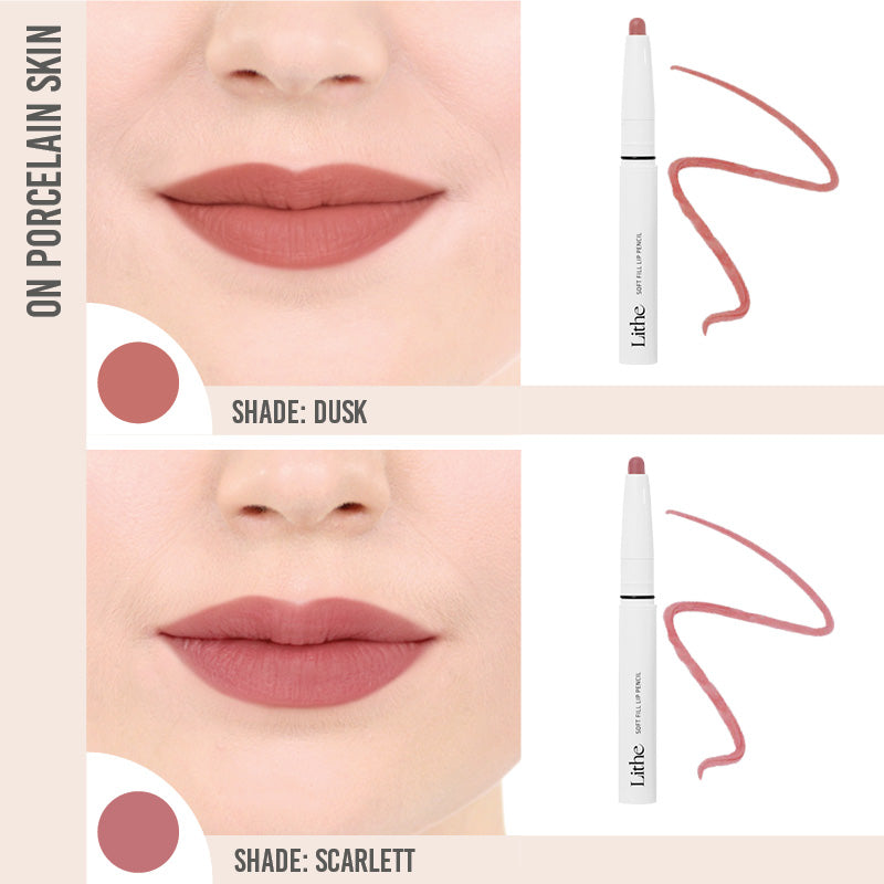 Lithe Soft Fill Lip Pencil Duo in shade Dusk and Sarlett on porcelain skin 