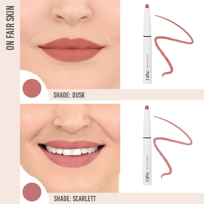 Lithe Soft Fill Lip Pencil Duo in shade Dusk and Sarlett on fair skin 
