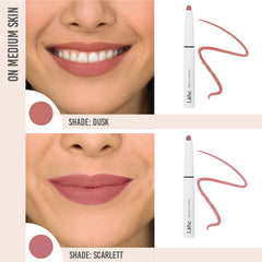 Lithe Soft Fill Lip Pencil Duo in shade Dusk and Sarlett on medium skin 