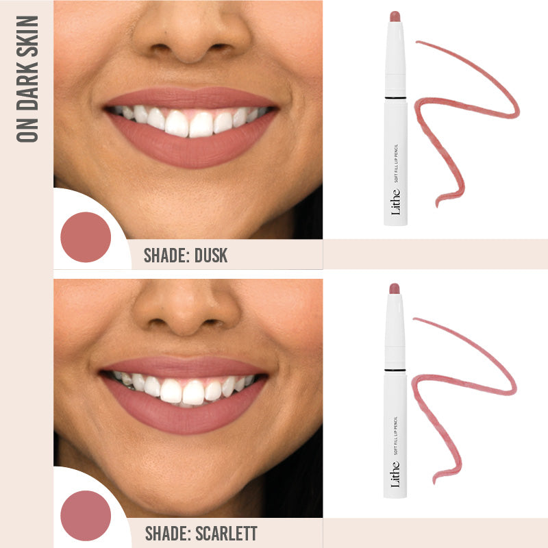Lithe Soft Fill Lip Pencil Duo in shade Dusk and Sarlett on dark skin 