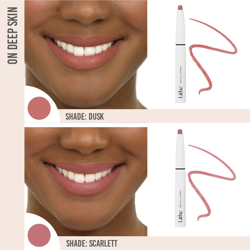 Lithe Soft Fill Lip Pencil Duo in shade Dusk and Sarlett on deep skin 