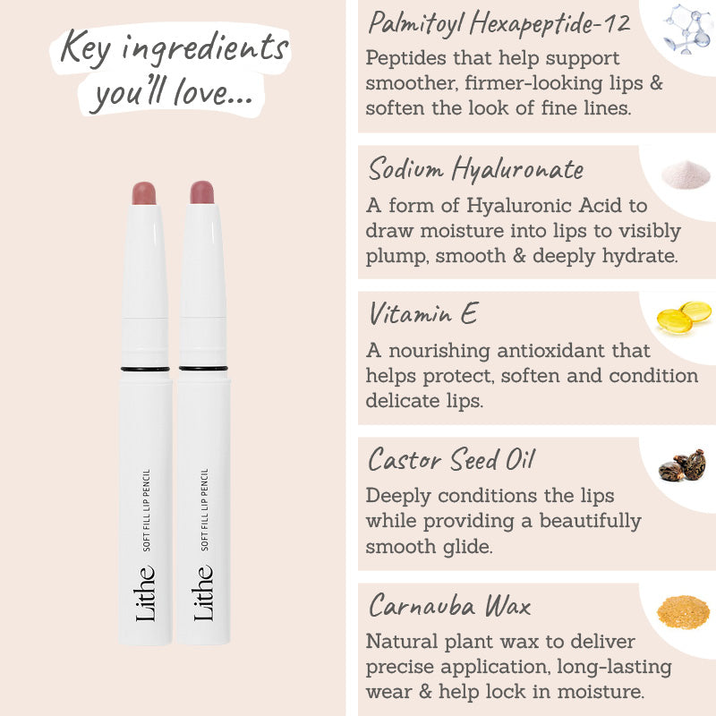 Lithe Soft Fill Lip Pencil Duo - Key Ingredient - Palmitoyl hexapeptide-12, sodium hyaluronate, vitamin e, castor seed oil, carnauba wax