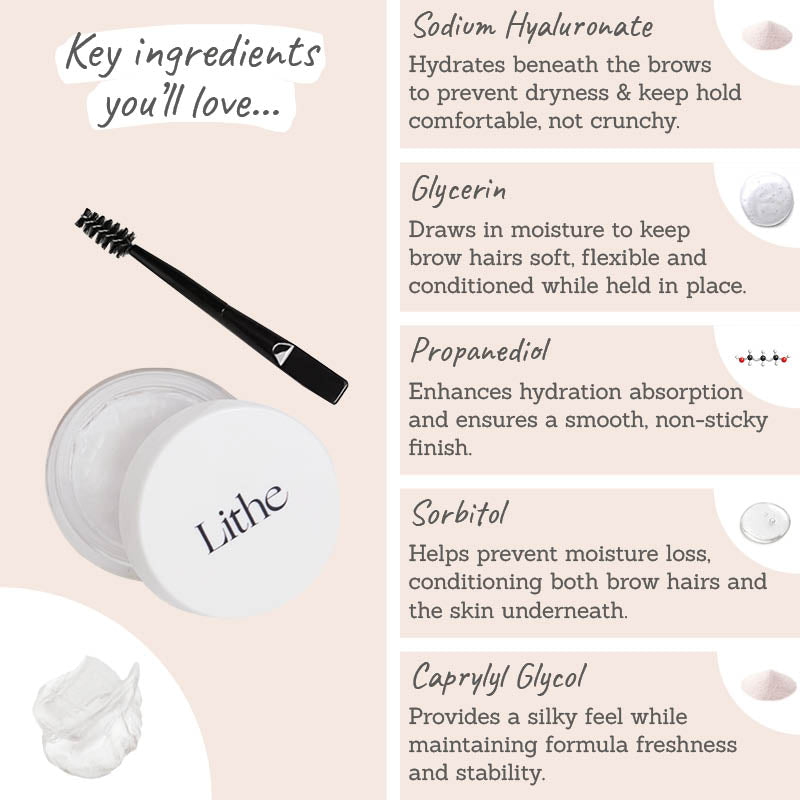 Lithe UHD Brow Sculpt Key Ingredients - Sodium hyaluronate, glycerin, propanediol, sorbitol, caprylyl gylcol