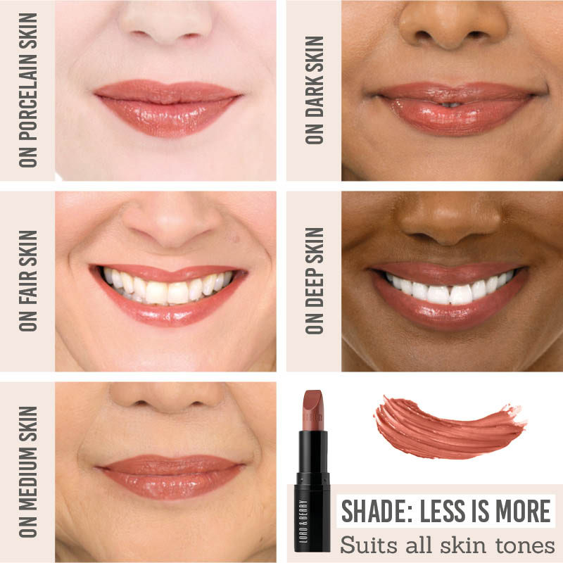 Lord & Berry Jamais Sheer Lipstick in Less is More on different skin tones