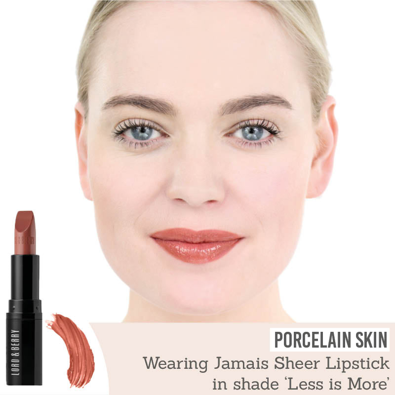 Lord & Berry Jamais Sheer Lipstick in Less is More on porcelain skin