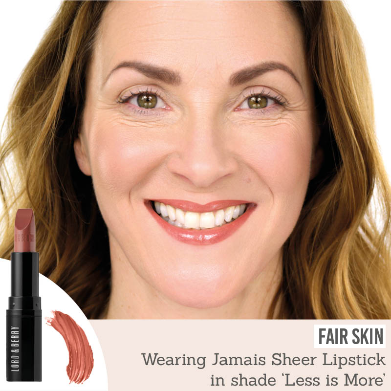 Lord & Berry Jamais Sheer Lipstick in Less is More on fair skin