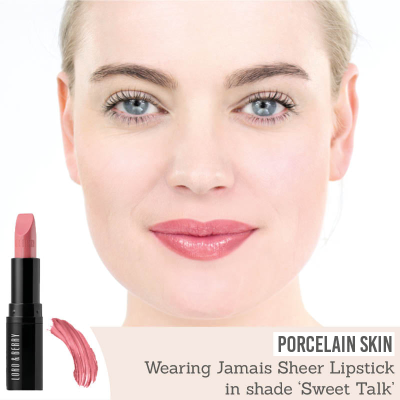 Lord & Berry Jamais Sheer Lipstick in shade Sweet Talk on porcelain skin