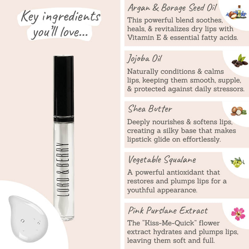 Lord & Berry Lip Oil Potion key ingredients – argan & borage seed oil, jojoba oil, shea butter, vegetable squalane, pink purslane extract