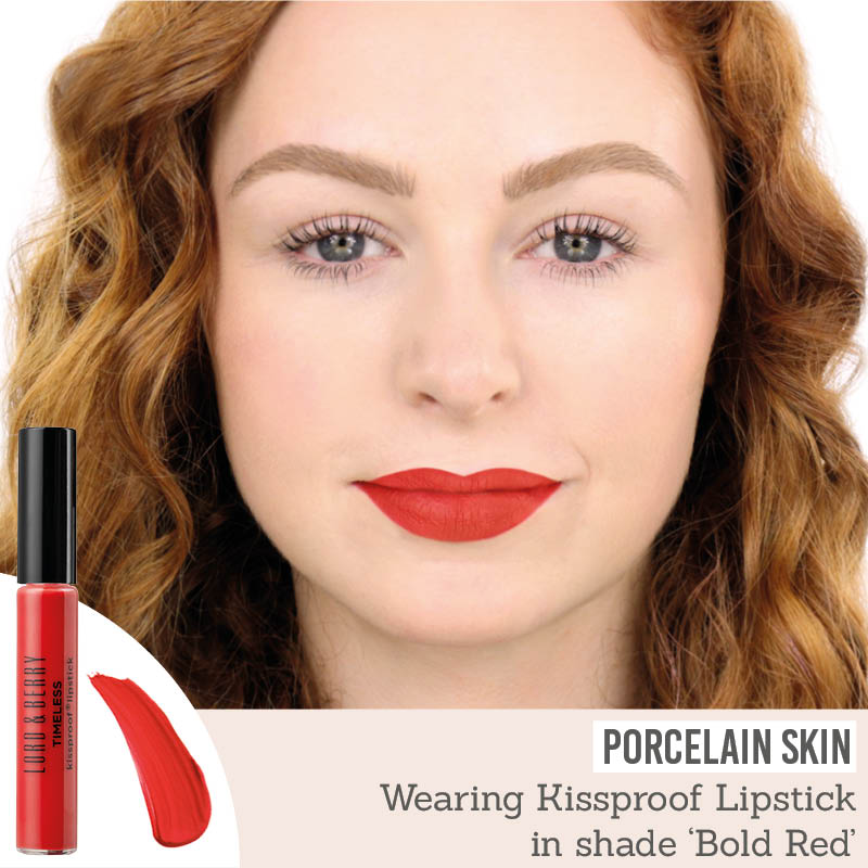 Lord & Berry Timeless Kissproof Lipstick in Bold Red on porcelain skin