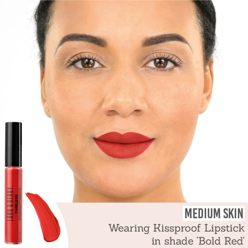 Lord & Berry Timeless Kissproof Lipstick in Bold Red on medium skin