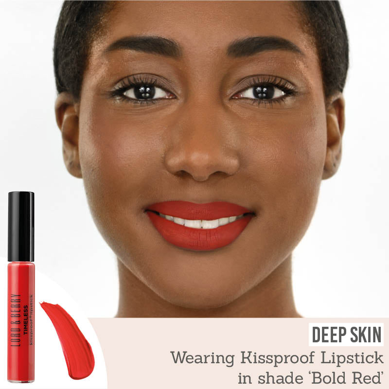 Lord & Berry Timeless Kissproof Lipstick in Bold Red on deep skin