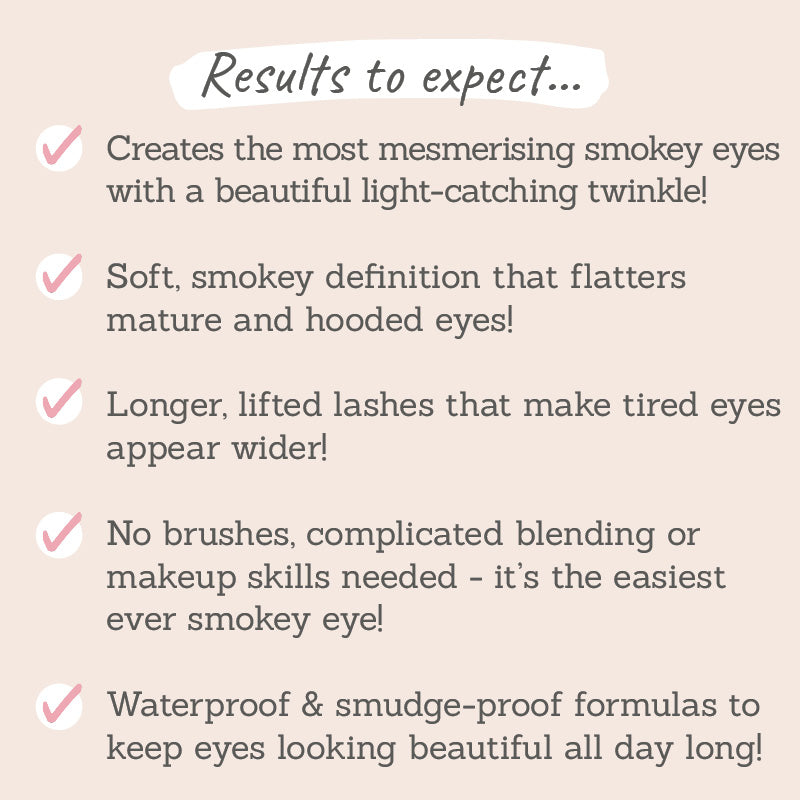 Love Katie Smokey Eye Bundle Results to Expect - creates mesmerising smokey eyes with soft definition, longer lifted lashes, no brushes needed!
