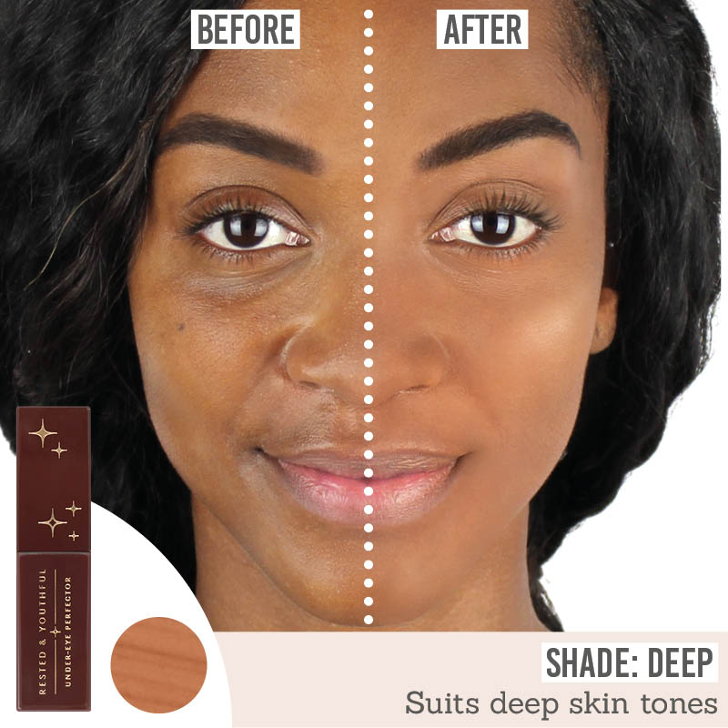 Love Katie Rested and Youthful Under-Eye Perfector before and after results on deep skin