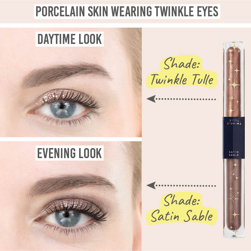 Love Katie Twinkle Eyes Cream Eyeshadow daytime and evening results on porcelain skin
