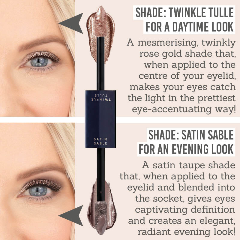 Love Katie Twinkle Eyes Cream Eyeshadow shade descriptions - 'Twinkle Tulle' for a daytime look & 'Satin Sable' for an evening look
