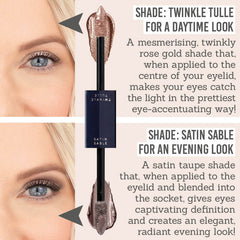 Love Katie Twinkle Eyes Cream Eyeshadow shade descriptions - 'Twinkle Tulle' for a daytime look & 'Satin Sable' for an evening look