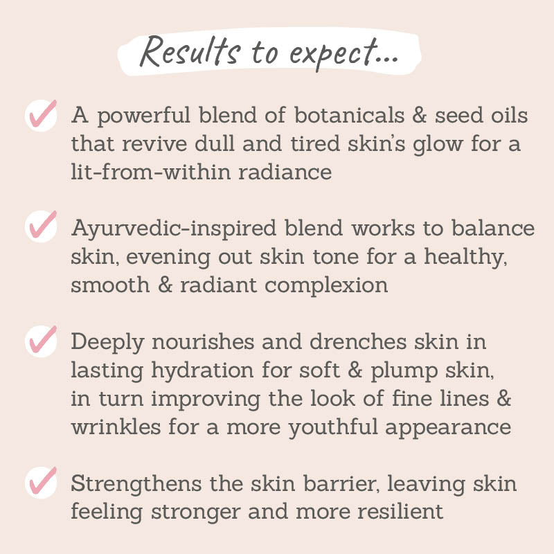 Results to expect - botanicals give dull skin a glow, ayrvedic-blend evens skin tone, hydrates, plumps fine lines, strengthens skin 