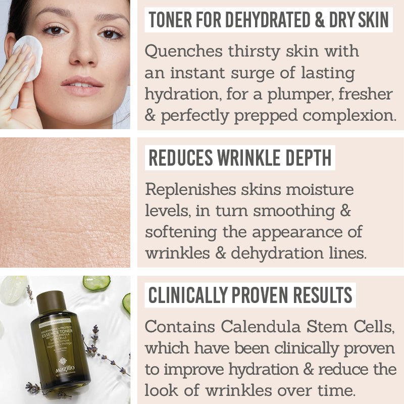 Mazillo Regenerate + Protect Essence Toner Key Benefits - Toner for dehydrated & dry skin, reduces wrinkle depth, clinically proven results
