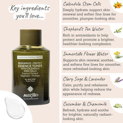 Mazillo Regenerate + Protect Essence Toner Key Ingredients - Calendula, shepherd's tea, immortelle flower, lary sage & lavender, cucumber & chamomile