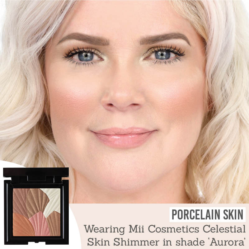 Mii Cosmetics Celestial Skin Shimmer in Aurora on porcelain skin