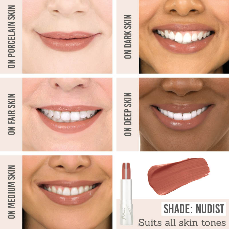 Mii Hydraboost Lip Lover Lipstick in shade 'Nudist' on different skin tones