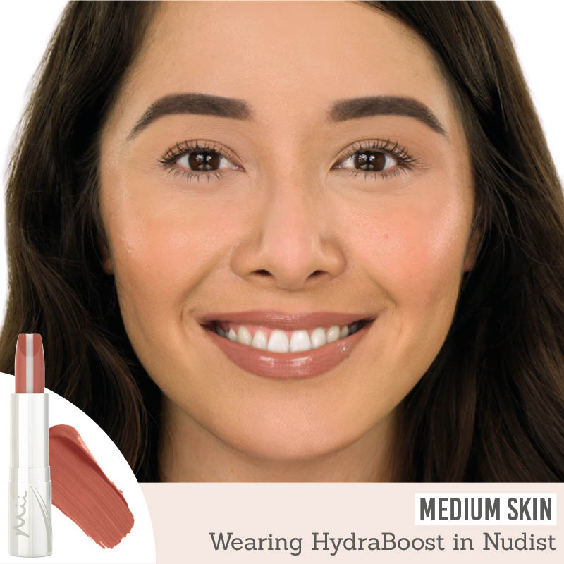 Mii Hydraboost Lip Lover Lipstick in shade 'Nudist' on medium skin