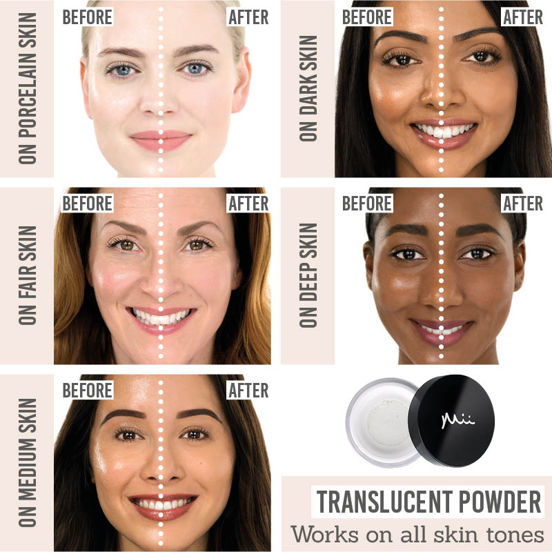 Mii Cosmetics Illusionist Translucent Setting Powder on different skin tones