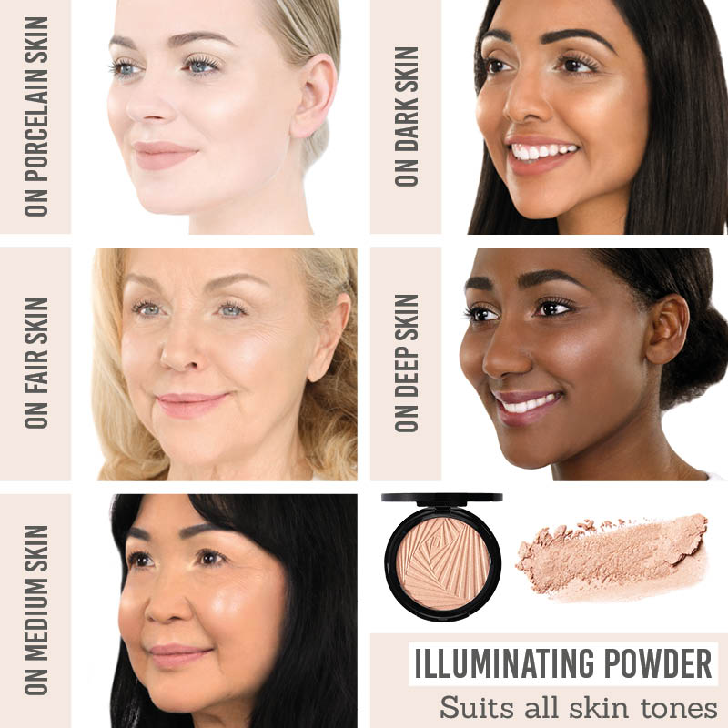 Mii Cosmetics Light Loving Illuminator in Leading Lady on different skin tones