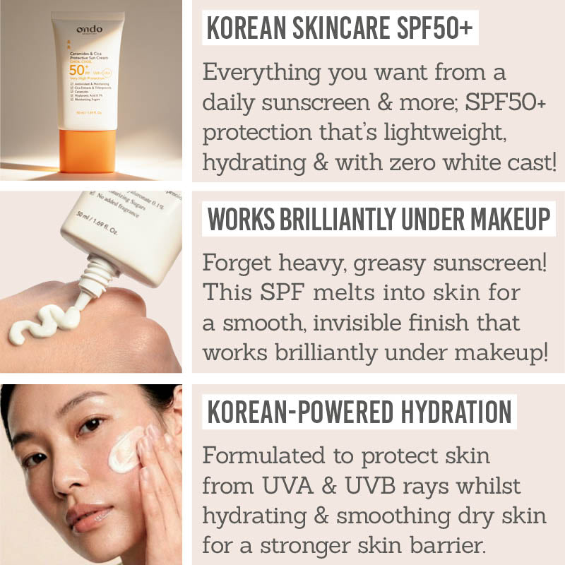 Ondo Beauty 36.5 Ceramides & Cica Protective Sun Cream SPF50+ - Korean skincare SPF50+, works brilliantly under makeup, Korean-powered hydration