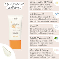 Ondo Ceramides & Cica Protective Sun Cream SPF50+ key ingredients - UV-filters, niacinamide, ceramides, CICA, hyaluronic acid, probiotics, sugars