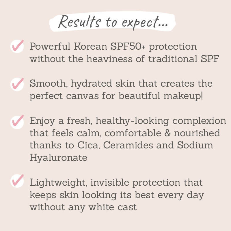 Results to expect- powerful protection, no heaviness, smooth canvas, cica & ceramides for calm & nourished skin, lightweight & invisible, no white cast