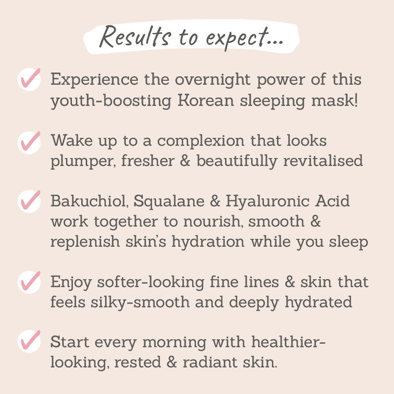 Results to expect - overnight youth-boost, fresher & plumper complexion, bakuchiol, squalane & hyaluronic acid nourish & smooth, softer-looking lines