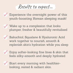 Results to expect - overnight youth-boost, fresher & plumper complexion, bakuchiol, squalane & hyaluronic acid nourish & smooth, softer-looking lines