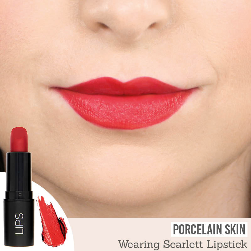 Rageism Beauty Matte Lipstick in Scarlett on porcelain skin