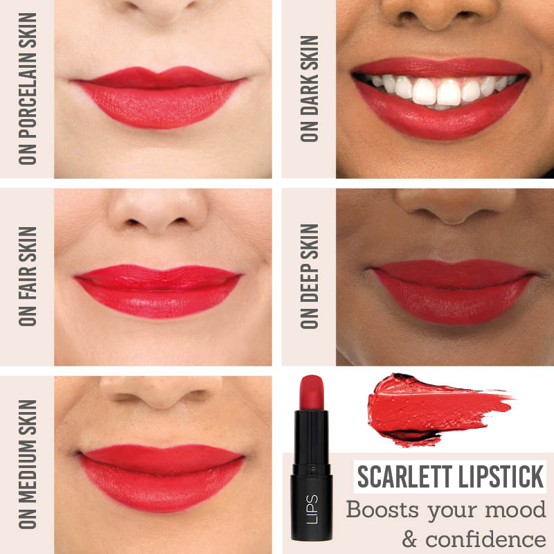 Rageism Beauty Matte Lipstick in Scarlett on different skin tones