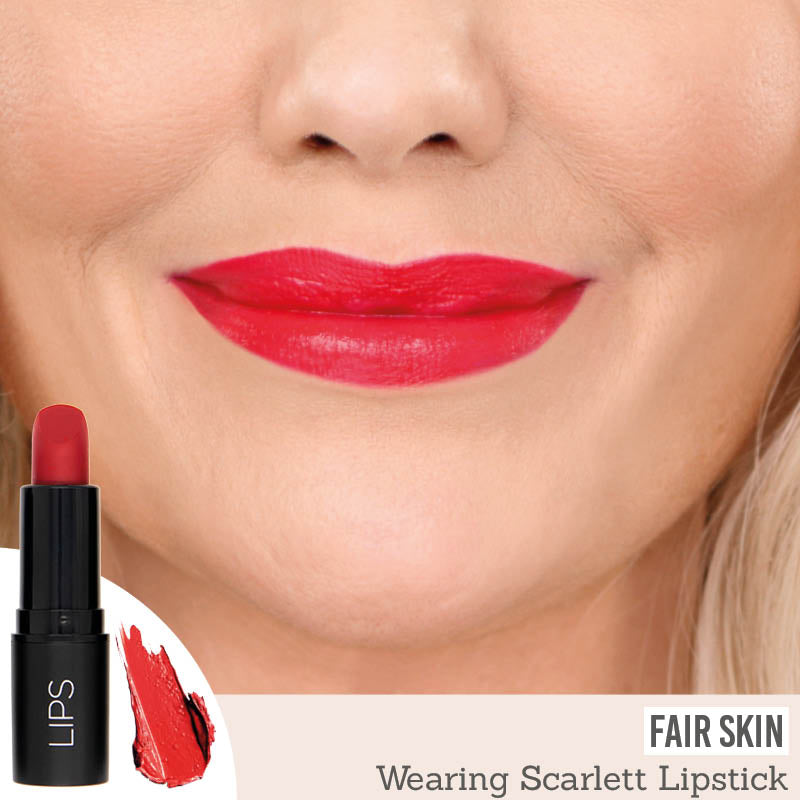Rageism Beauty Matte Lipstick in Scarlett on fair skin