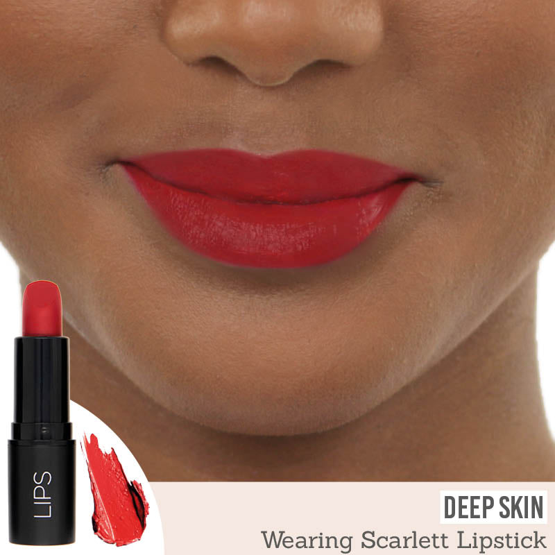 Rageism Beauty Matte Lipstick in Scarlett on deep skin