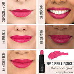 Rageism Beauty Matte Lipstick in Vivid Pink on different skin tones