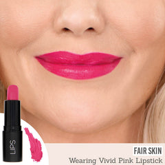 Rageism Beauty Matte Lipstick in Vivid Pink on fair skin