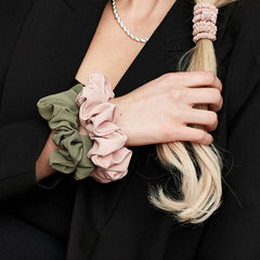 ROKNDOL The Ultimate Duo Silk Scrunchies on wrist and hair