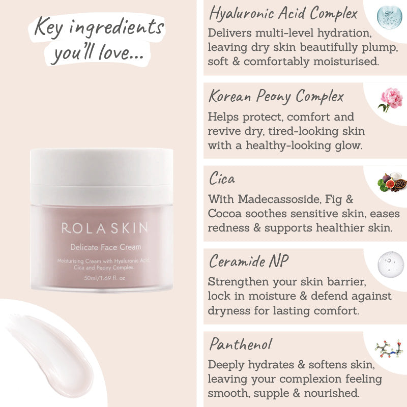Rola Skin Delicate Face Cream - Key Ingredient - Hyaluronic acid complex, Korean peony complex, cica, ceramide np, panthenol