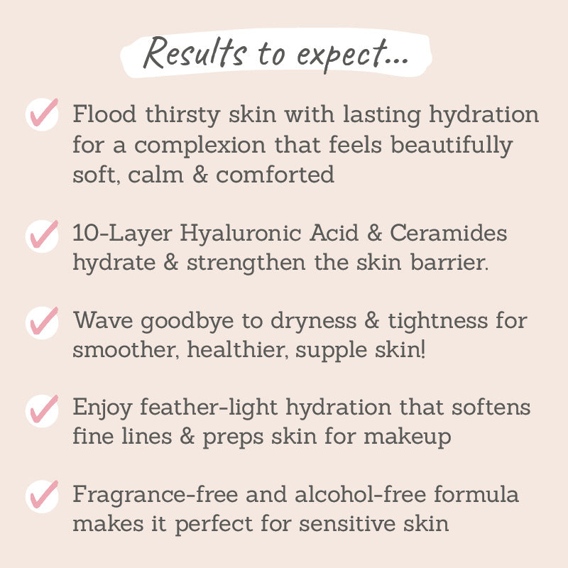 Results to expect - lasting hydration, soft, calm skin, strengthens skin barrier, supple skin, perfect makeup prep, ideal for sensitive & dry skin