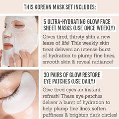 Rola Skin Ultra Hydrating Glow Sheet Mask & Glow Restore Eye Patches includes 5 x sheet masks (use weekly) & 30 pairs eye patches (use daily)