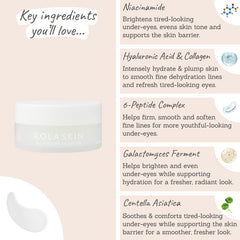 Rola Skin Ultra Hydrating Glow Restore Eye Patches key ingredients - Niacinamide, hyaluronic, collagen, 6-peptide, galactomyces, centella asiatica