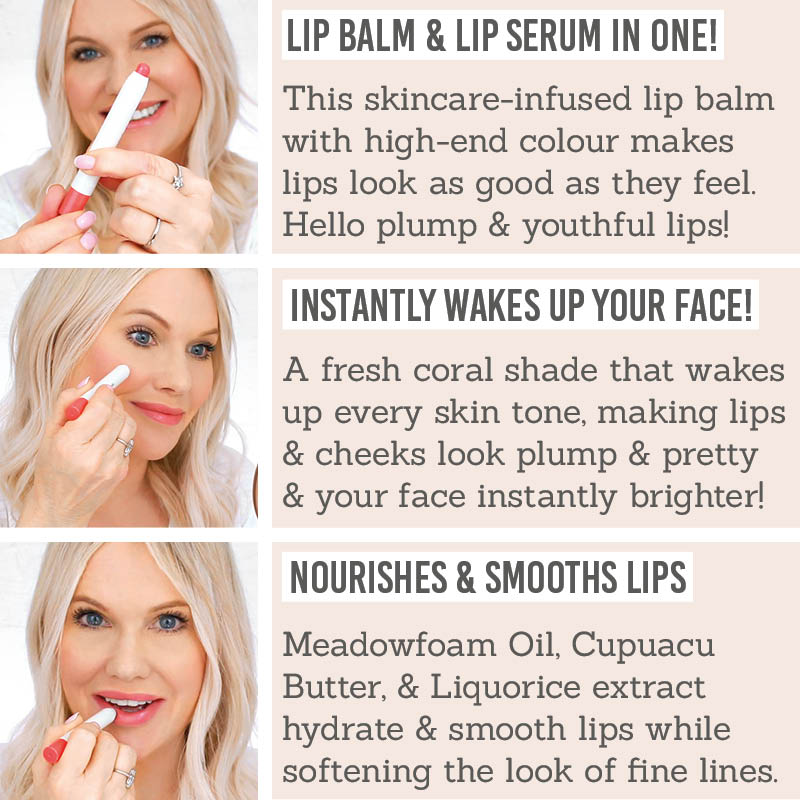 Benefits of Ruby Hammer Coral Lip Serum Balm - lip balm and serum in one, instantly wakes up your face, nourishes and smooths lips