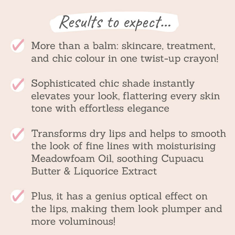 Ruby Hammer Deep Nude Lip Serum Balm results to expect - skincare, treatment and chic colour in one, flatters every skin tone, transforms dry lips, makes lips look plumper