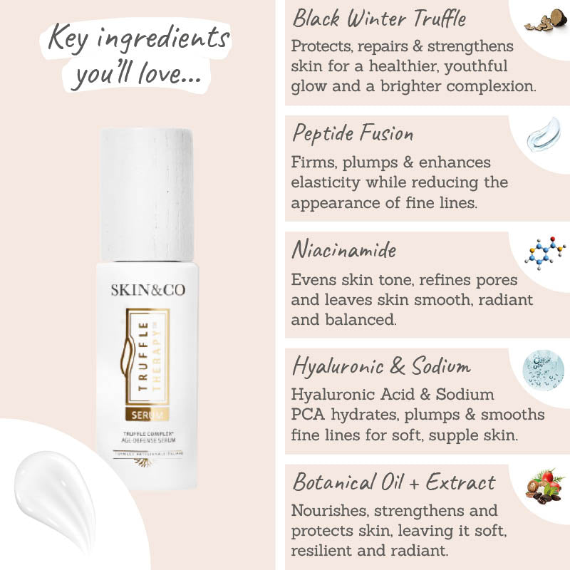 Skin & Co Glow Elixir Serum Key Ingredients - black winter truffle, peptide fusion, niacinamide, hyaluronic acid & sodium, botanical oil & extracts