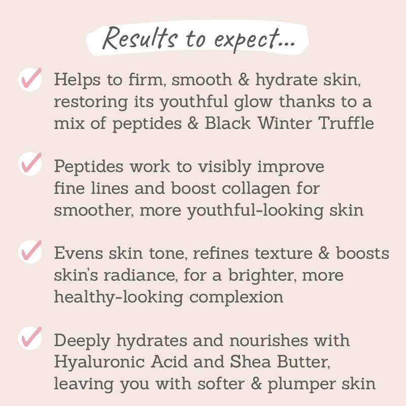 Results to expect - helps firm, smooth & hydrate skin, peptides & black winter truffle improve fine lines, evens tone & boosts radiance for plump skin