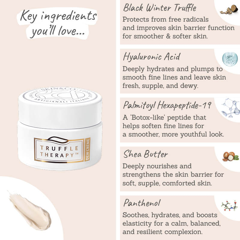 Skin & Co Truffle Therapy Day Crème key ingredients - Black winter truffle, hyaluronic acid, palmitoyl hexapeptide-19, shea butter, panthenol