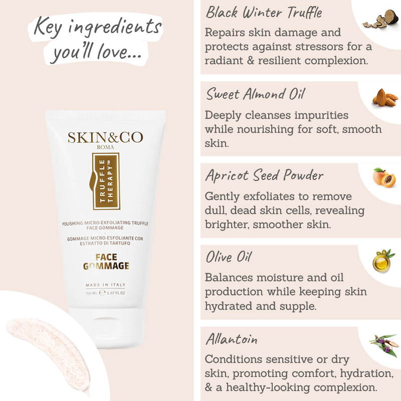 Skin & Co Truffle Therapy Face Gommage Micro-Exfoliator Key Ingredients - black winter truffle, sweet almond oil, apricot seed powder, olive oil, allantoin